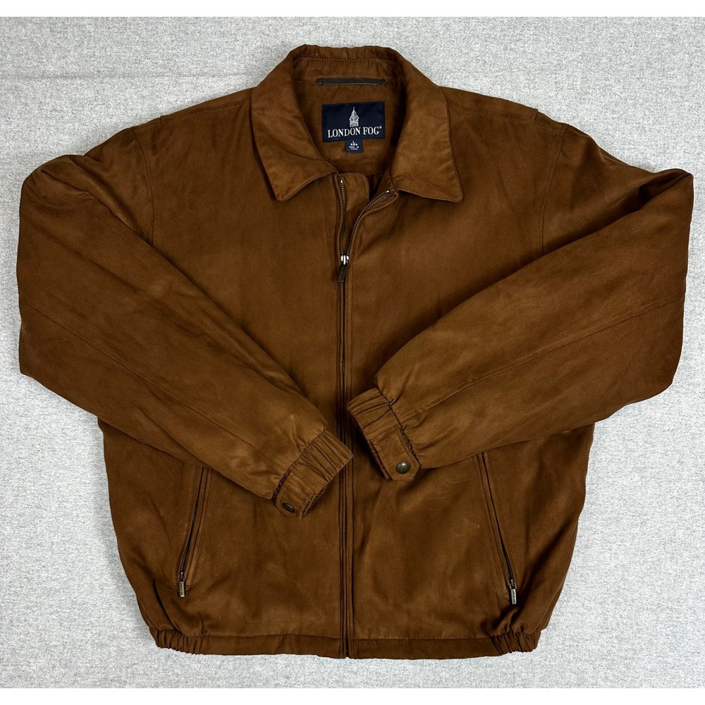 London Fog Bomber Jacket Mens Size L Dark Brown Faux Suede Full Zip Coat